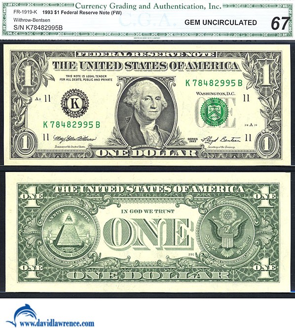 image for: Fr.1919K 1993 $1 Sheetfed press. Fort Worth, TX CGA Gem CU67  [K78482995B]