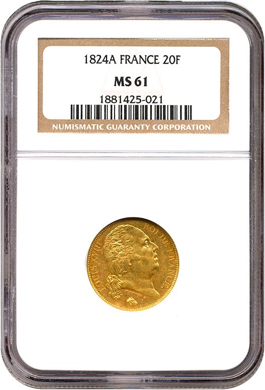 image for: France: 1824-A 20 Fr  NGC MS61   