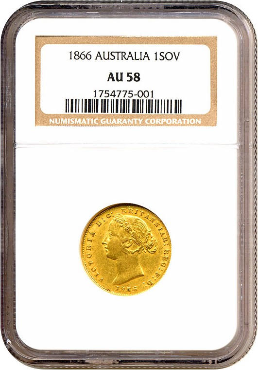 image for: Australia: 1866 Sov  NGC AU58 