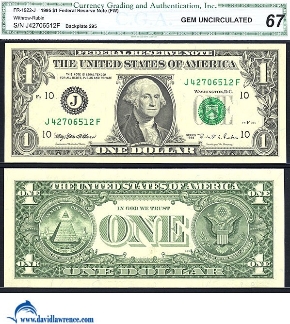 image for: Fr.1922J 1995 $1 Sheetfed press. Fort Worth, TX CGA Gem CU67  [J42706512F]
