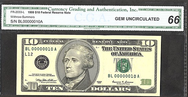 1999 $10 San Francisco (Fr. 2033L)