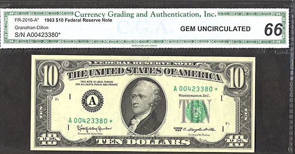 image for: Fr.2016A* 1963 $10 Dark Green Seal CGA Gem CU66  [A00423380] *Star* 