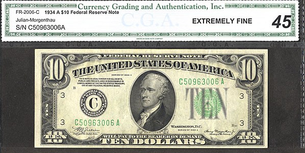 image for: Fr.2006C 1934A $10 Dark Green Seal CGA XF45  [C50963006A]