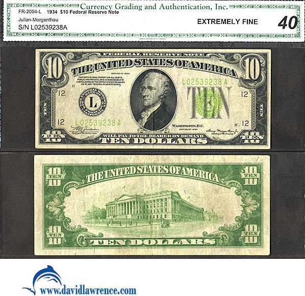 image for: Fr.2004L 1934 $10 Light Green Seal CGA XF40  [L02539238A]