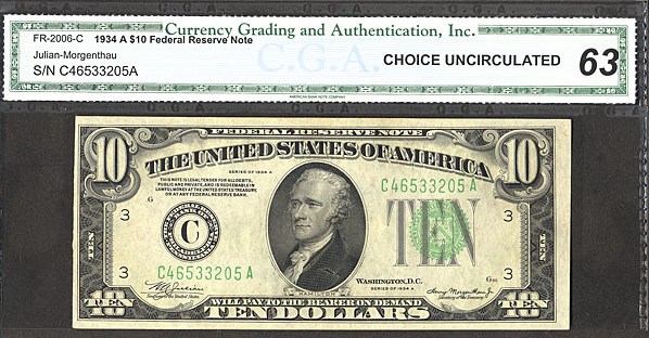 image for: Fr.2006C 1934A $10 Dark Green Seal CGA Choice CU63  [C46533205A]