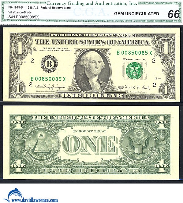 image for: Fr.1915B 1988A $1 Sheetfed press. Washington, DC CGA Gem CU66  [B00850085X] *Fancy Serial* 