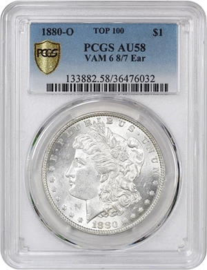 image for: 1880-O $1 PCGS AU58 (VAM-6, 8/7 Ear)