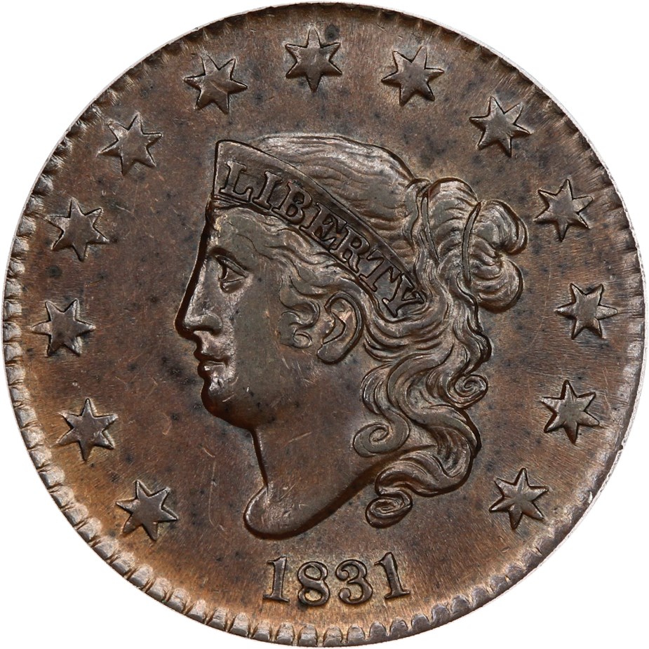 image for: 1831 1c PCGS/CAC AU55 (Large Letters, OGH)