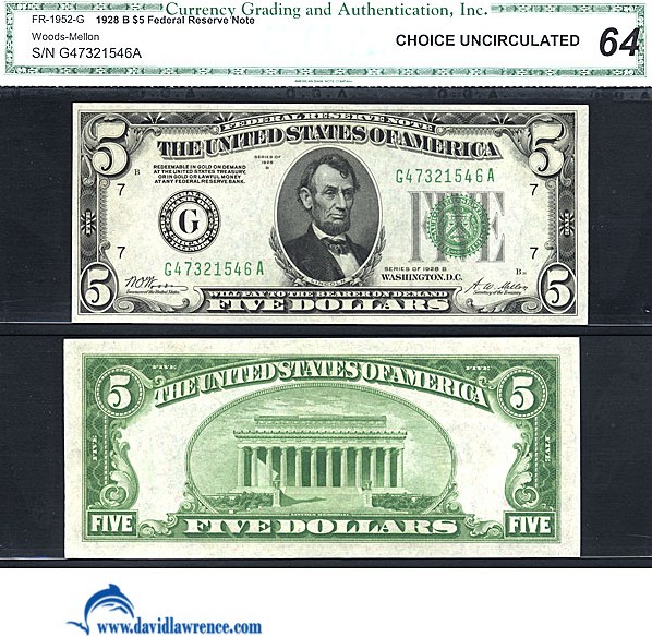 image for: Fr.1952G 1928B $5  CGA Choice CU64  [G47321546A]