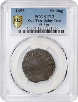 image for: 1652 Oak Tree Shilling PCGS F12 (Spiny Tree, 58.8gr)