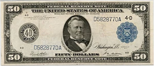 image for: FR. 1039b 1914 Blue Seal $50 Federal Reserve Note Cleveland PMG Very Fine 30