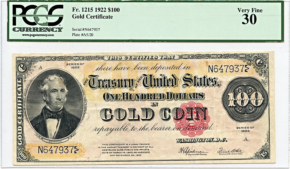 image for: FR. 1215 1922 $100 Gold Certificate PCGS Very Fine 30