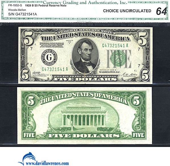 image for: Fr.1952G 1928B $5  CGA Choice CU64  [G47321541A]