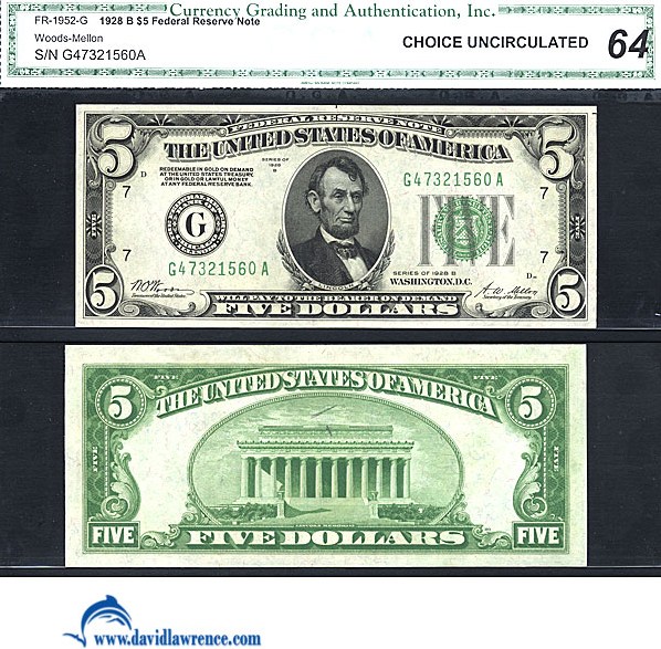 image for: Fr.1952G 1928B $5  CGA Choice CU64  [G47321560A]