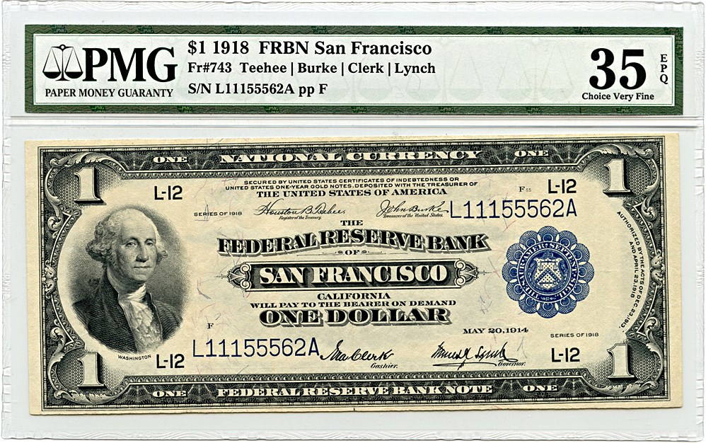 image for: FR. 743 1918 $1 FRBN San Francisco PMG Very Fine 35 EPQ