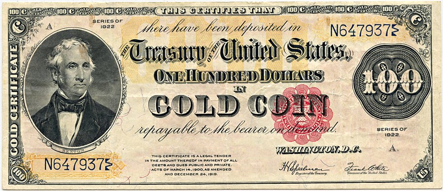 image for: FR. 1215 1922 $100 Gold Certificate PCGS Very Fine 30
