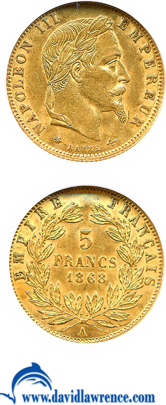 image for: France: 1868-A 5 Fr  NGC AU58