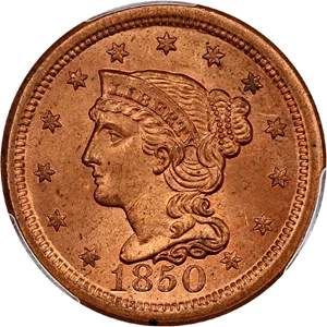 image for: 1850 1c PCGS MS64+ RD ex: D.L. Hansen