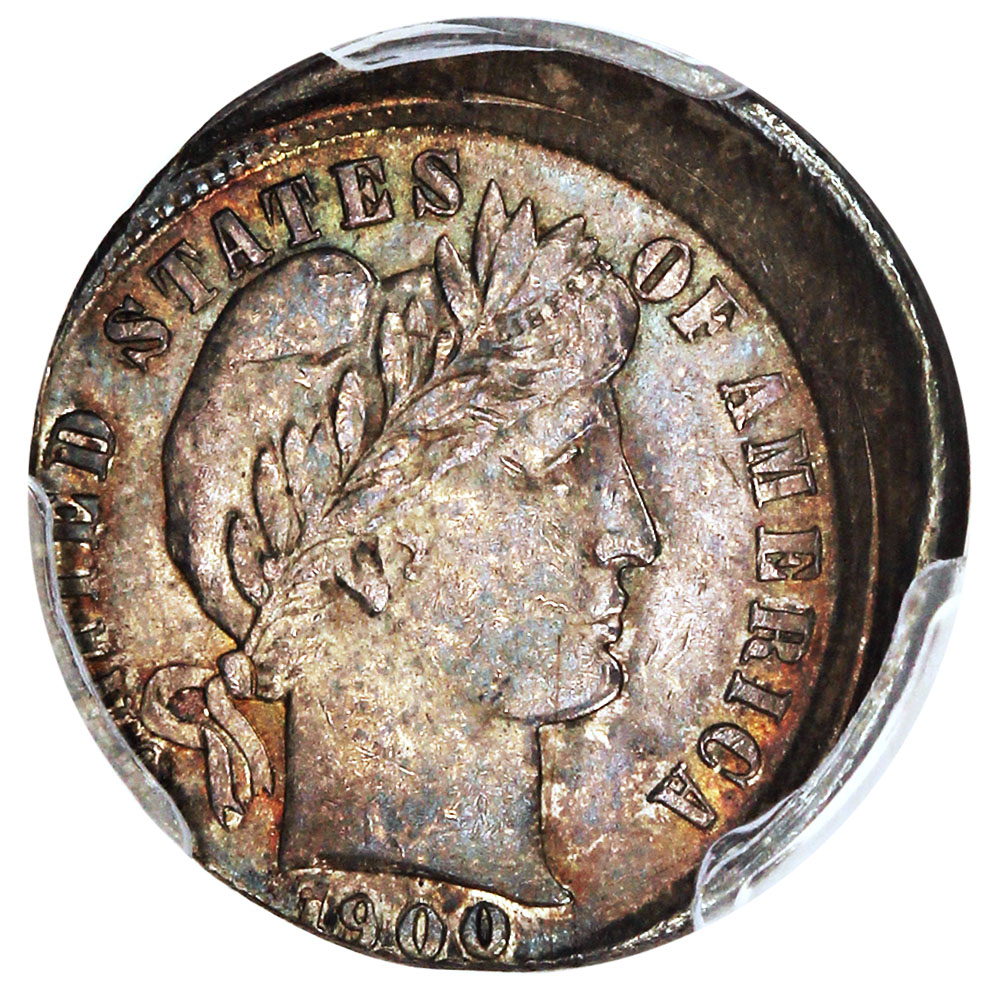 image for: Mint Error: 1900 10c PCGS AU58 (Struck 10% Off Center)