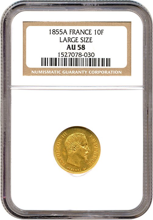 image for: France: 1855-A 10 Fr  Large Size NGC AU58