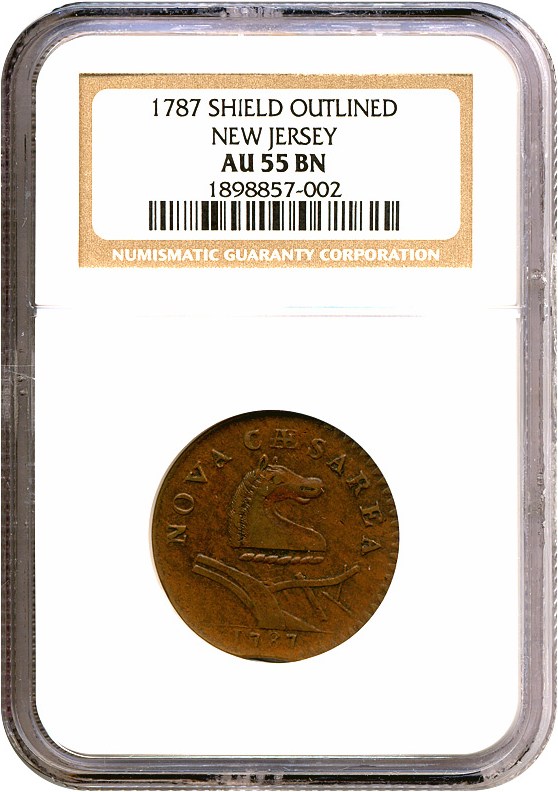 image for: 1787 New Jersey Shield Outline NGC AU55 BN