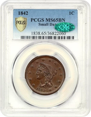 image for: 1842 1c PCGS/CAC MS65 BN (Small Date)