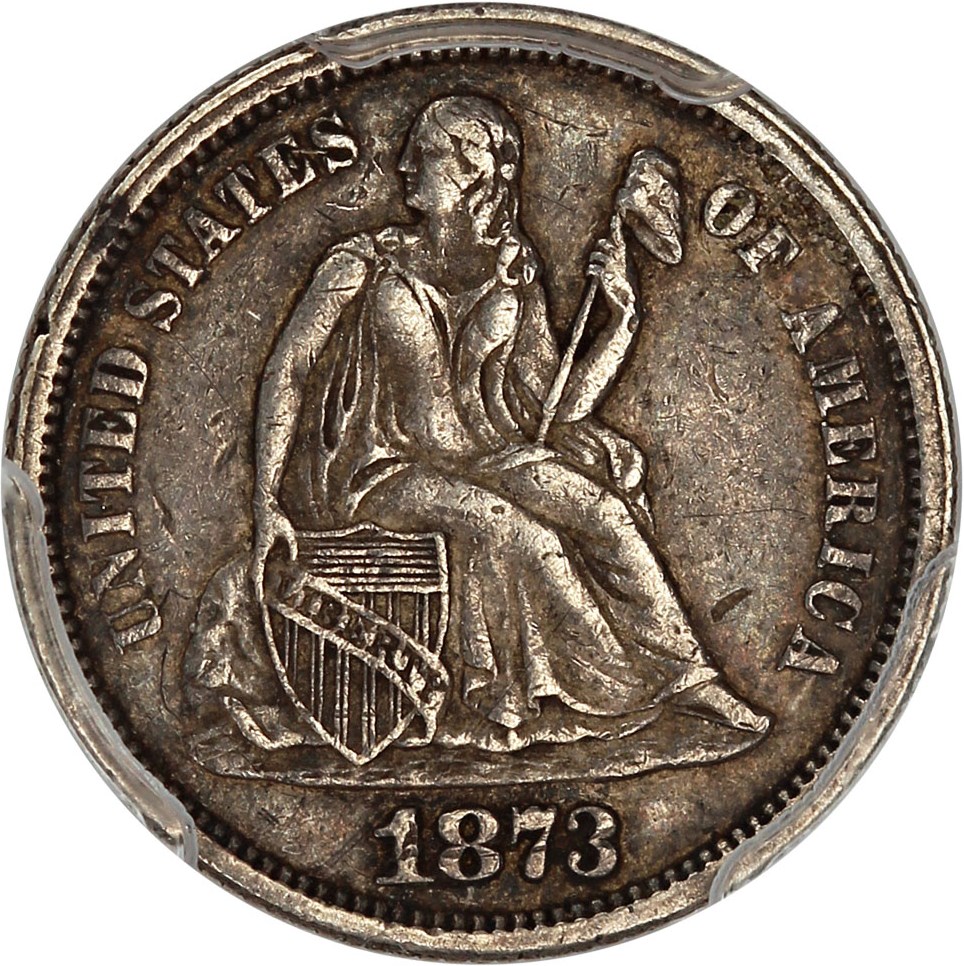image for: 1873 10c PCGS XF45 (No Arrows, Open 3)