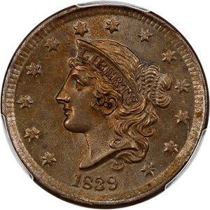 image for: 1839 1c PCGS/CAC MS65 BN (Silly Head) ex: D.L. Hansen