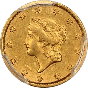 image for: 1849 G$1 PCGS AU53 (Open Wreath, No L)