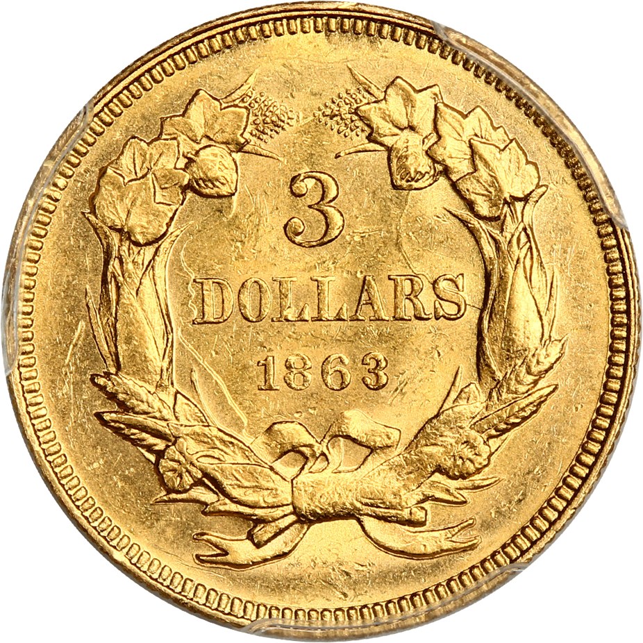 image for: 1863 $3 PCGS MS62 ex: D.L. Hansen