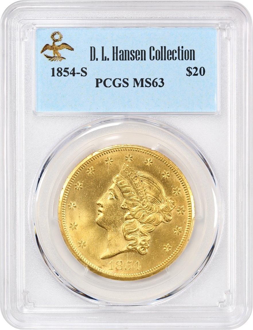 image for: 1854-S $20 PCGS MS63 ex: D.L. Hansen