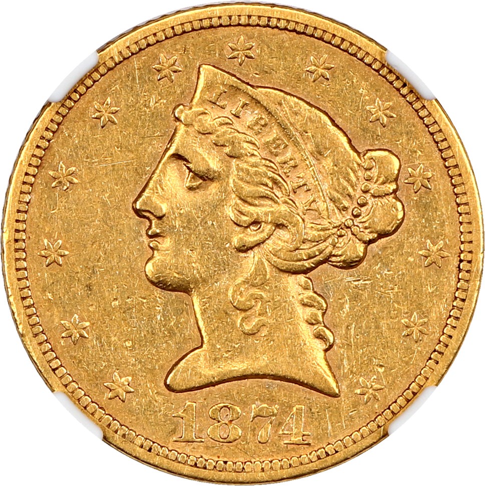 image for: 1874-S $5 NGC AU50