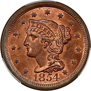 image for: 1854 1c PCGS/CAC MS65 RB ex: D.L. Hansen