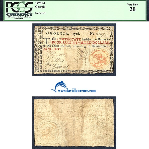 image for: Georgia: Fr.GA75c 1776 $4 Orange seal. Caduceus PCGS VF20  [3547]