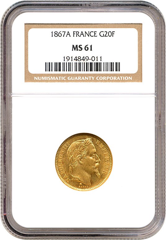 image for: France: 1867-A G20 Fr  NGC MS61 (KM-801.1)
