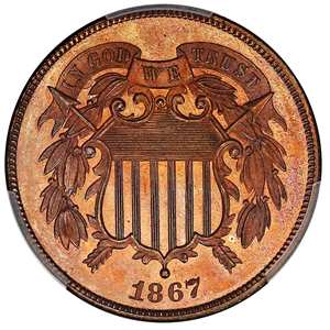 image for: 1867 2c PCGS Proof 65 RD ex: D.L. Hansen