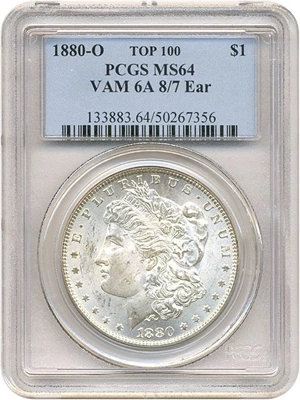 image for: Top 100 VAM: 1880-O $1 VAM 6A 8/7 Ear PCGS MS64