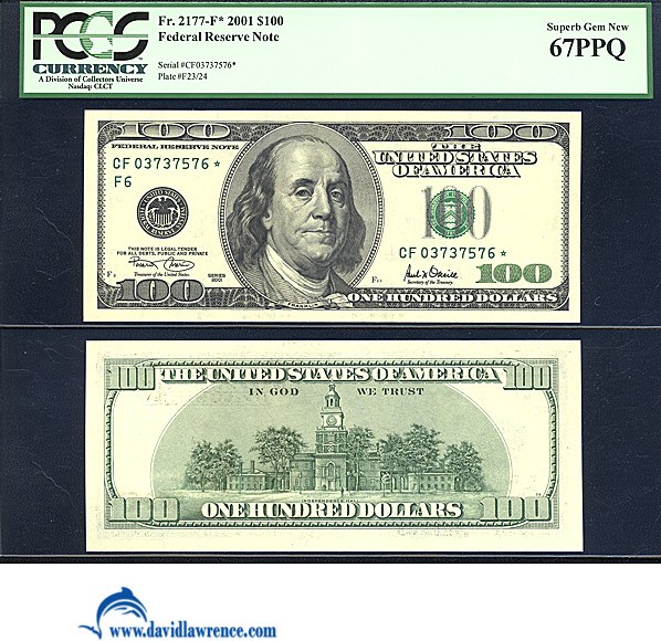 image for: Fr.2177F 2001 $100  PCGS Gem CU67 PPQ [CF03737576] *Star* 