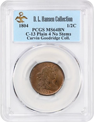image for: 1804 Plain 4, No Stems 1/2c PCGS MS64 BN (C-13) ex: Goodridge/D.L. Hansen