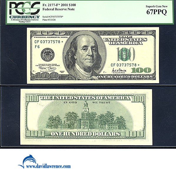 image for: Fr.2177F 2001 $100  PCGS Gem CU67 PPQ  [CF03737578] *Star* 