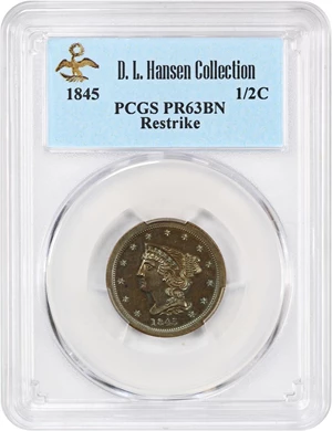 image for: 1845 1/2c PCGS Proof 63 BN (Restrike) ex: D.L. Hansen