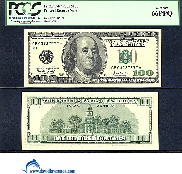 image for: Fr.2177F 2001 $100  PCGS Gem CU66 PPQ  [CF03737577] *Star* 