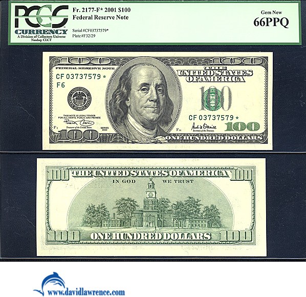 image for: Fr.2177F 2001 $100  PCGS Gem CU66 PPQ  [CF03737579] *Star* 