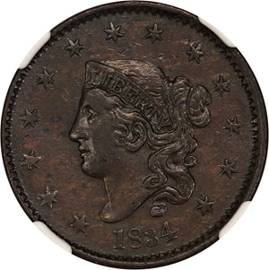 image for: 1834 1c NGC AU55 (Large 8, Small Stars, Medium Letters, N-3)