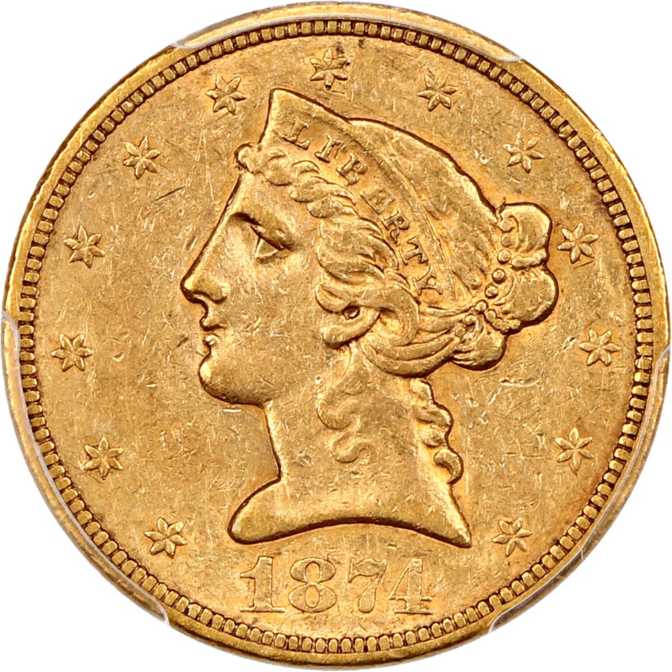 image for: 1874-S $5 PCGS AU55 ex: D.L. Hansen