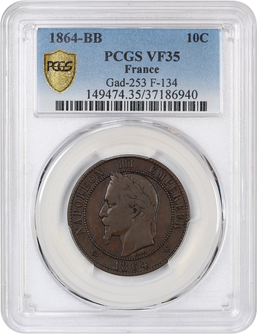image for: France: 1864-BB 10 Centime PCGS VF35 (KM-798.2)