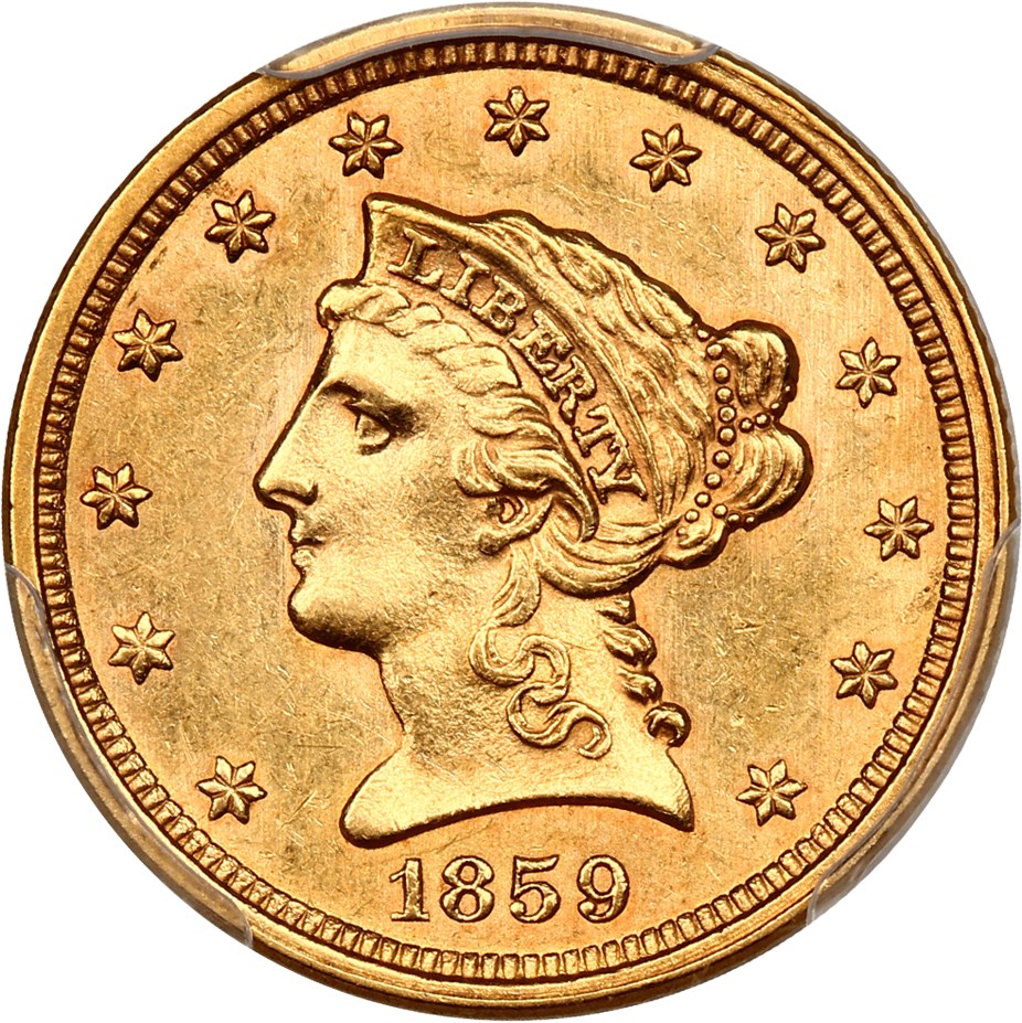 image for: 1859 $2 1/2 PCGS AU58 (Old Reverse)