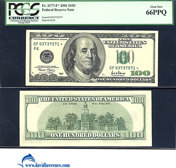 image for: Fr.2177F 2001 $100  PCGS Gem CU66 PPQ  [CF03737571] *Star* 