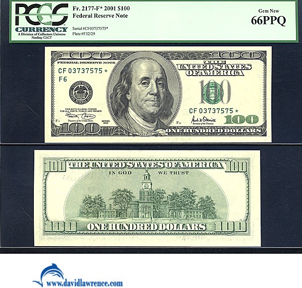 image for: Fr.2177F 2001 $100  PCGS Gem CU66 PPQ  [CF03737575] *Star* 