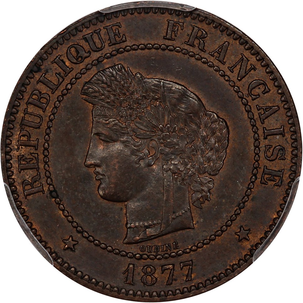 image for: France: 1877-A 5 Centime PCGS MS62 BN (Gad-157a, KM #821.1)